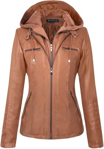 Newbestyle Faux Leather Jacket for Women Casual Moto Biker Jacket Quilted Full-Zip Coat in Saudi Arabia