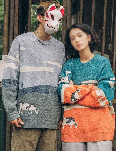 Arssm Men’s Cow Sweater Knit Oversized Casual Knit Pullover Jumper Sweater in Kuwait