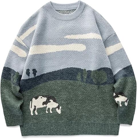 Arssm Men’s Cow Sweater Knit Oversized Casual Knit Pullover Jumper Sweater in Kuwait