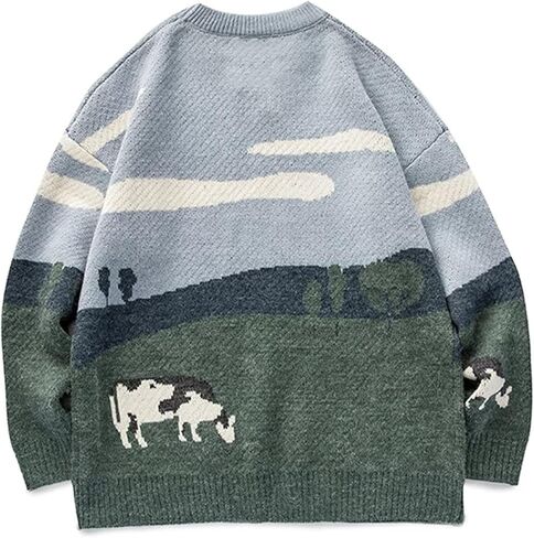 Arssm Men’s Cow Sweater Knit Oversized Casual Knit Pullover Jumper Sweater in Kuwait
