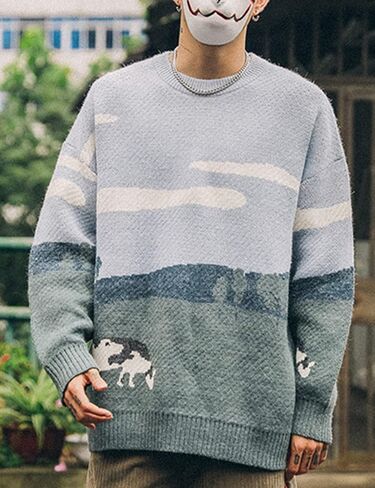 Arssm Men’s Cow Sweater Knit Oversized Casual Knit Pullover Jumper Sweater in Kuwait