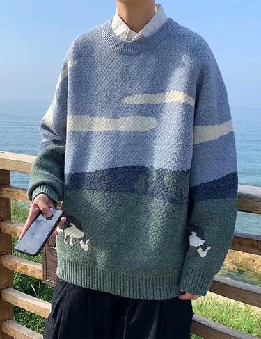 Arssm Men’s Cow Sweater Knit Oversized Casual Knit Pullover Jumper Sweater in Kuwait