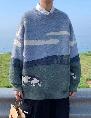 Arssm Men’s Cow Sweater Knit Oversized Casual Knit Pullover Jumper Sweater in Kuwait
