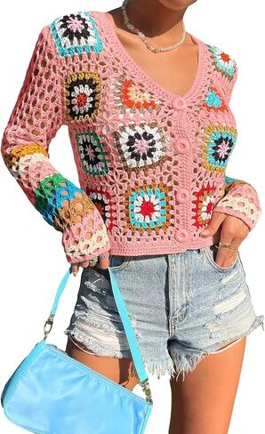 SHENHE Women's Floral Crochet V Neck Button Down Long Sleeve Cropped Cardigans in Kuwait