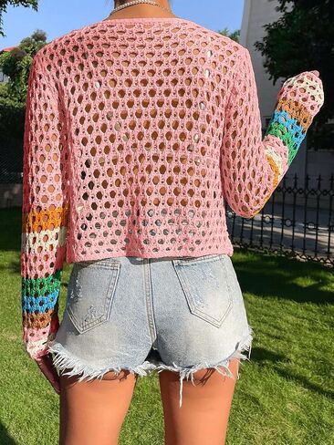 SHENHE Women's Floral Crochet V Neck Button Down Long Sleeve Cropped Cardigans in Kuwait