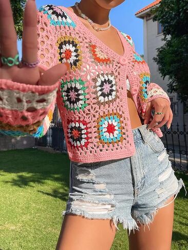 SHENHE Women's Floral Crochet V Neck Button Down Long Sleeve Cropped Cardigans in Kuwait