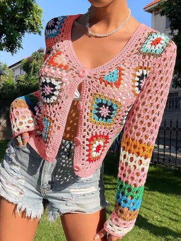 SHENHE Women's Floral Crochet V Neck Button Down Long Sleeve Cropped Cardigans in Kuwait
