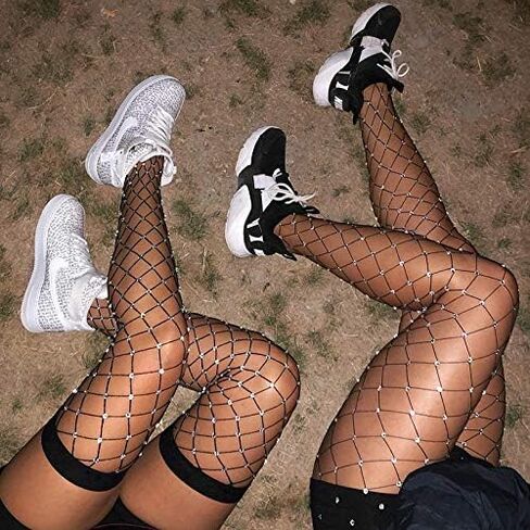 LUCKELF Women's Thigh High Stockings Rhinestone Fishnet Elastic Stockings Big Fish Net Tights Pantyhose in Kuwait