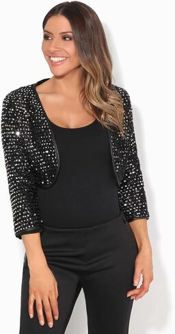 KRISP Womens 3/4 Long Sleeve Cropped Sequin Jacket Evening Bolero Sparkly Short Blazer Shrug Shiny Party Glitter Clothing in Saudi Arabia