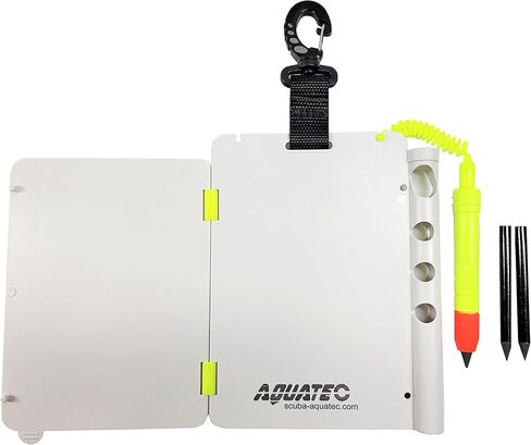 AQUATEC Foldable Dive Writing Slate with Corrosion Resistant Locking Gate Clip and 3 Replaceable Graphit Pencils, Multi Page Diving Writing Slate in Kuwait