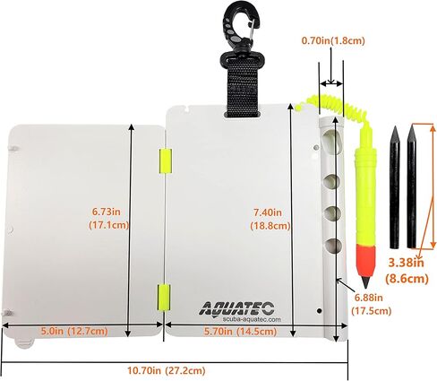 AQUATEC Foldable Dive Writing Slate with Corrosion Resistant Locking Gate Clip and 3 Replaceable Graphit Pencils, Multi Page Diving Writing Slate in Kuwait