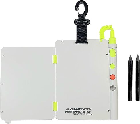 AQUATEC Foldable Dive Writing Slate with Corrosion Resistant Locking Gate Clip and 3 Replaceable Graphit Pencils, Multi Page Diving Writing Slate in Kuwait
