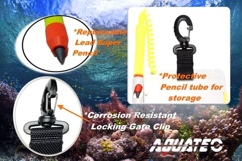 AQUATEC Foldable Dive Writing Slate with Corrosion Resistant Locking Gate Clip and 3 Replaceable Graphit Pencils, Multi Page Diving Writing Slate in Kuwait