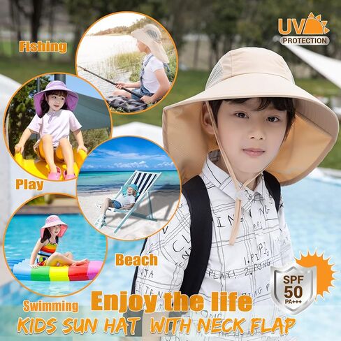 Aenmt Kids Sun Hat Sun Protection Mesh Foldable Wide Brim Beach Fishing hat with Neck Flap for Kids Boys Girls Ages 3-10 in Kuwait