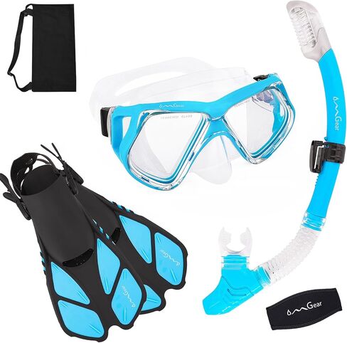 مجموعة قناع الغطس من OMGear مع زعانف معدات الغطس للبالغين من السيليكون، قناع الغطس الجاف، زعانف السباحة القصيرة، مجموعة نظارات السباحة مع غطاء للأنف، زعانف، معدات حمام السباحة in Kuwait