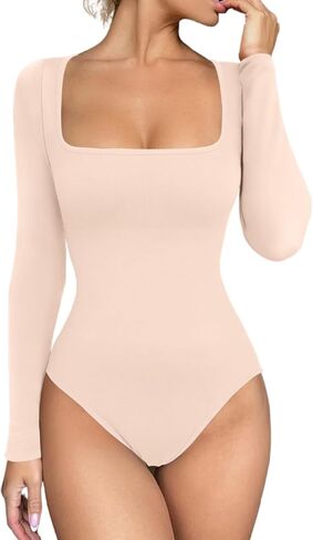 Meyeeka Women's Sexy Square Neck Bodysuit Long Sleeve Seamless Shirt Tummy Control Tops in Saudi Arabia