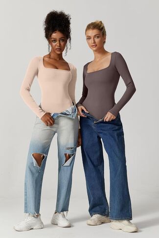 Meyeeka Women's Sexy Square Neck Bodysuit Long Sleeve Seamless Shirt Tummy Control Tops in Saudi Arabia