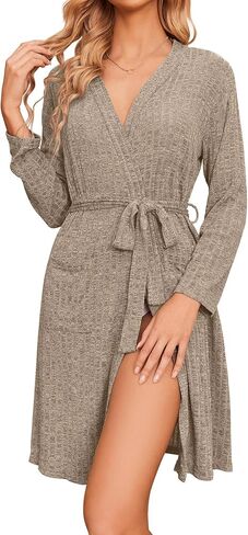 Ekouaer Women Robe Ribbed Knit Soft Bathrobe Knee Length Robes Stretchy Short Sleepwear with Pockets in Saudi Arabia