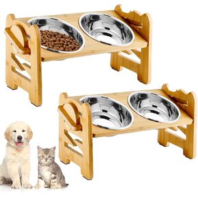 وعاء مرتفع للكلاب والقطط من قطعتين، وعاء مرتفع 6 ارتفاعات قابلة للتعديل للكلاب والقطط الصغيرة، حامل من الخيزران المائل 15 درجة، وعاء طعام طعام للكلاب والماء مع وعاءين من الستانلس ستيل in Kuwait
