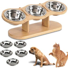 SOYCCYOP Elevated Cat Food Bowl, Raised Dog Feeding Stand with 5 Stainless Steel Bowls, 15 Tilted Design to Prevent Illness, Bamboo Material, Easy Installation in Kuwait