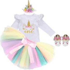 FMYFWY Baby Girls Unicorn Cake Smash 1st Birthday Princess Outfits Cotton Romper Rainbow Tutu Skirt Unicorn Headband (Shoes) in Kuwait
