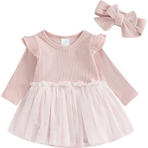Mubineo Baby Girl Fall Winter Clothes Romper Skirt Dress Princess Outfits Long Sleeve Basic Plain Newborn Outfit