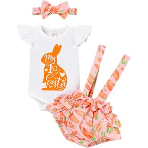 ملابس عيد الفصح الأولى للفتيات الصغيرات على شكل أرنب مطبوعة مع شورت بحمالات مكشكشة وعصابة رأس ملابس عيد الفصح لحديثي الولادة in Kuwait