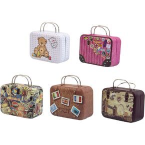 AUEAR, 5 Pack Vintage Mini Suitcase Boxes Candy Box Tin Plate Gift Box Coin Storage Container with Hinged Lids for Party Wedding Decoration (Style A)