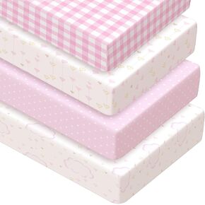 Peryiter 4 Pack Crib Sheets Pink Plaid Nursery Sheets for Girl Blue Bear Crib Sheets for Boy Baby Standard Crib Sheets with Daisy Printed for Baby Boys or Girls (Pink Gingham) in Kuwait
