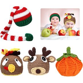 Ramede 4 Pcs Thanksgiving Christmas Baby Crochet Beanie Set Elf Long Tail Caps Knitted Reindeer Pumpkin Turkey Hat for 3-6 Months Infant Kids Xmas, Green, Red, Orange, Brown, One Size in Kuwait