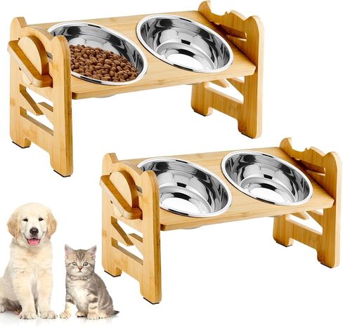 وعاء مرتفع للكلاب والقطط من قطعتين، وعاء مرتفع 6 ارتفاعات قابلة للتعديل للكلاب والقطط الصغيرة، حامل من الخيزران المائل 15 درجة، وعاء طعام طعام للكلاب والماء مع وعاءين من الستانلس ستيل in Kuwait