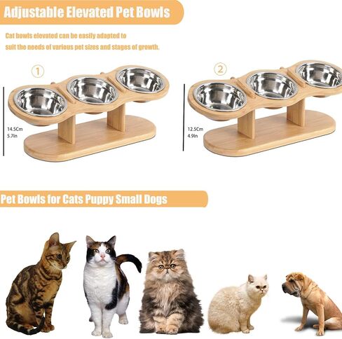 اوعية طعام مرتفعة للقطط والقطط بتصميم مائل بزاوية 15 درجة للقطط والجراء والكلاب الصغيرة، وعاء طعام مرتفع قابل للتعديل مع 3 اوعية من الستانلس ستيل in Kuwait