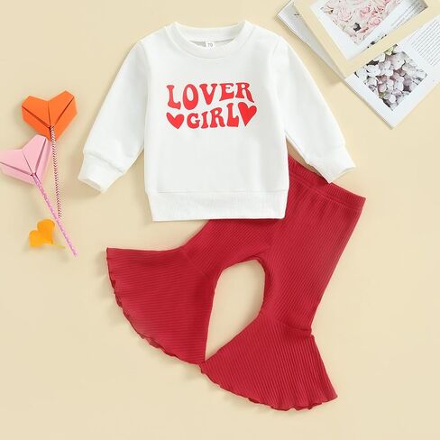 Lesimsam طفل رضيع فتاة عيد الحب ملابس الأب عيد الحب Crewneck البلوز أعلى القلب طباعة مضيئة السراويل مجموعة in Kuwait