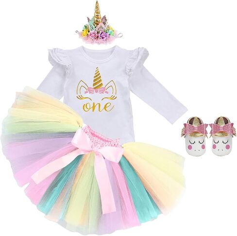 FMYFWY Baby Girls Unicorn Cake Smash 1st Birthday Princess Outfits Cotton Romper Rainbow Tutu Skirt Unicorn Headband (Shoes) in Kuwait