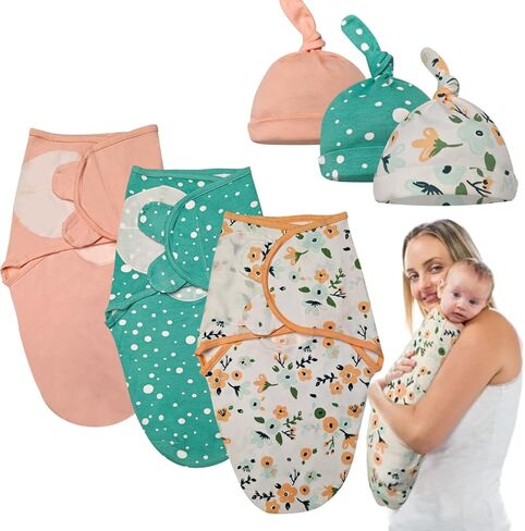 قماط للأطفال مع قبعات للأولاد والبنات حديثي الولادة - عبوة من 3 بطانية قماط من القطن العضوي سهلة التعديل - كيس نوم مريح للرضع (رومبير للأطفال - ملابس نوم للأطفال 2، كبير (3-6 أشهر)) in Kuwait