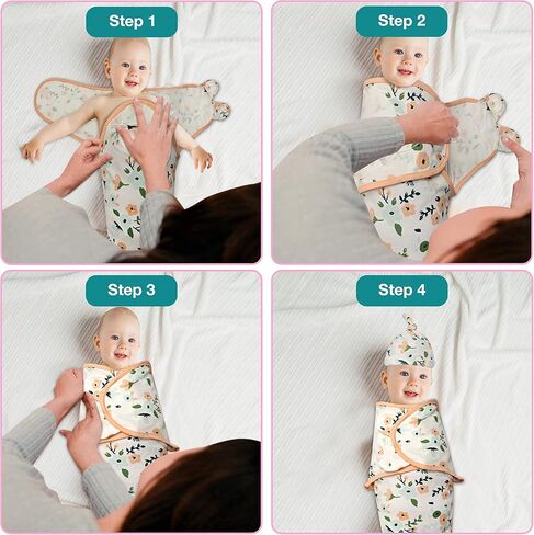 قماط للأطفال مع قبعات للأولاد والبنات حديثي الولادة - عبوة من 3 بطانية قماط من القطن العضوي سهلة التعديل - كيس نوم مريح للرضع (رومبير للأطفال - ملابس نوم للأطفال 2، كبير (3-6 أشهر)) in Kuwait