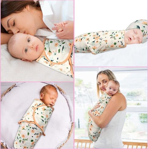 قماط للأطفال مع قبعات للأولاد والبنات حديثي الولادة - عبوة من 3 بطانية قماط من القطن العضوي سهلة التعديل - كيس نوم مريح للرضع (رومبير للأطفال - ملابس نوم للأطفال 2، كبير (3-6 أشهر)) in Kuwait