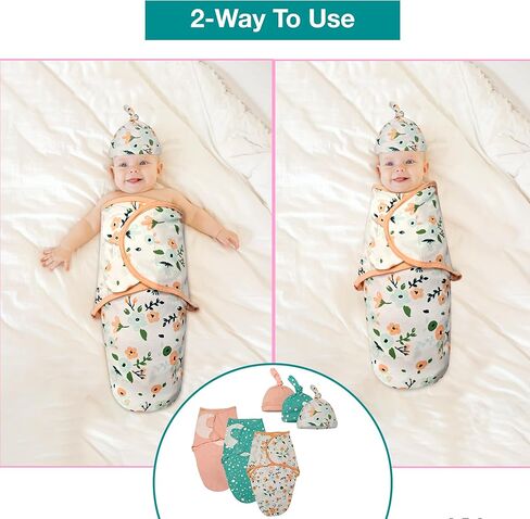 قماط للأطفال مع قبعات للأولاد والبنات حديثي الولادة - عبوة من 3 بطانية قماط من القطن العضوي سهلة التعديل - كيس نوم مريح للرضع (رومبير للأطفال - ملابس نوم للأطفال 2، كبير (3-6 أشهر)) in Kuwait
