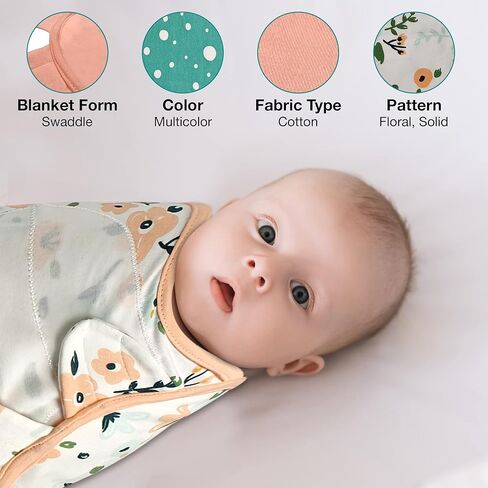 قماط للأطفال مع قبعات للأولاد والبنات حديثي الولادة - عبوة من 3 بطانية قماط من القطن العضوي سهلة التعديل - كيس نوم مريح للرضع (رومبير للأطفال - ملابس نوم للأطفال 2، كبير (3-6 أشهر)) in Kuwait
