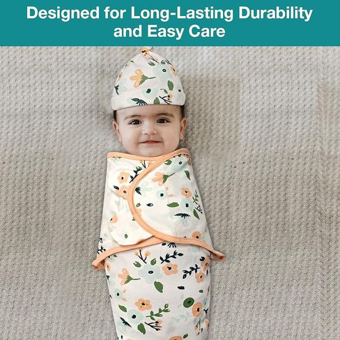 قماط للأطفال مع قبعات للأولاد والبنات حديثي الولادة - عبوة من 3 بطانية قماط من القطن العضوي سهلة التعديل - كيس نوم مريح للرضع (رومبير للأطفال - ملابس نوم للأطفال 2، كبير (3-6 أشهر)) in Kuwait