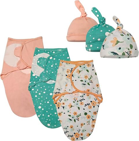 قماط للأطفال مع قبعات للأولاد والبنات حديثي الولادة - عبوة من 3 بطانية قماط من القطن العضوي سهلة التعديل - كيس نوم مريح للرضع (رومبير للأطفال - ملابس نوم للأطفال 2، كبير (3-6 أشهر)) in Kuwait