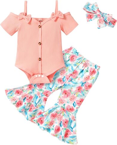 YOUNGER TREE Baby Girl Clothes Sling Romper Flared Pants Bell Bottom Leggings Headband Sets Infant Girl Spring Summ Outfits in Saudi Arabia