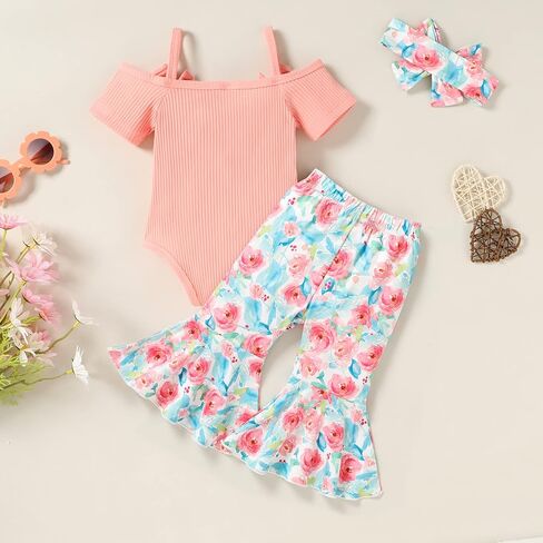 YOUNGER TREE Baby Girl Clothes Sling Romper Flared Pants Bell Bottom Leggings Headband Sets Infant Girl Spring Summ Outfits in Saudi Arabia