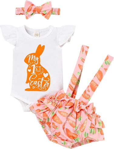 ملابس عيد الفصح الأولى للفتيات الصغيرات على شكل أرنب مطبوعة مع شورت بحمالات مكشكشة وعصابة رأس ملابس عيد الفصح لحديثي الولادة in Kuwait