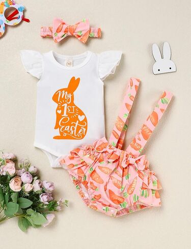 ملابس عيد الفصح الأولى للفتيات الصغيرات على شكل أرنب مطبوعة مع شورت بحمالات مكشكشة وعصابة رأس ملابس عيد الفصح لحديثي الولادة in Kuwait