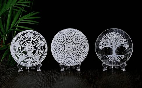 لوحة كريستال سيلينيت محفورة بشجرة الحياة مقاس 4 بوصات من CNYANFEI مع حامل منحوت لوحة شحن سيلينيت شفافة لوحة زخرفية من حجر السيلينيت لتزيين الطاولة هدية منزلية من ريكي ويكا in Kuwait