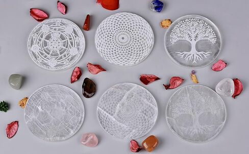 لوحة كريستال سيلينيت محفورة بشجرة الحياة مقاس 4 بوصات من CNYANFEI مع حامل منحوت لوحة شحن سيلينيت شفافة لوحة زخرفية من حجر السيلينيت لتزيين الطاولة هدية منزلية من ريكي ويكا in Kuwait