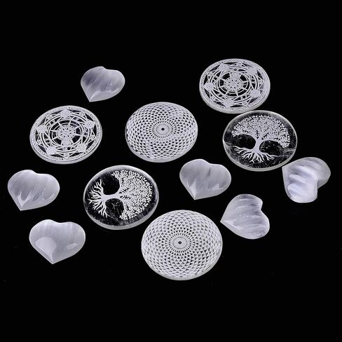 لوحة كريستال سيلينيت محفورة بشجرة الحياة مقاس 4 بوصات من CNYANFEI مع حامل منحوت لوحة شحن سيلينيت شفافة لوحة زخرفية من حجر السيلينيت لتزيين الطاولة هدية منزلية من ريكي ويكا in Kuwait