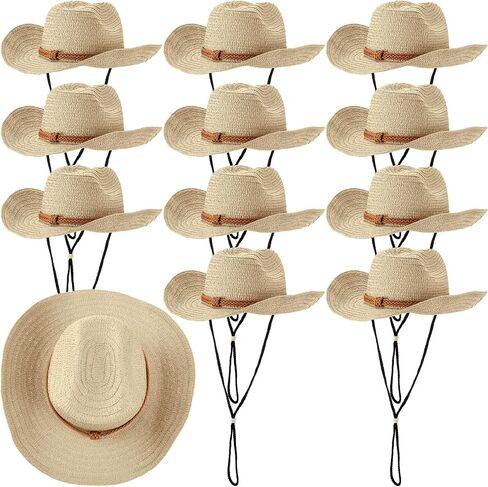 12 Pcs Straw Cowboy Hat for Men Women Western Party Hat Sun Protection Hat Wide Brim Cowgirl Costume Accessories for Summer Beaches Outdoor Adventures Fishing Riding Camping Garden Yard Work, Beige, in Saudi Arabia