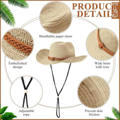 12 Pcs Straw Cowboy Hat for Men Women Western Party Hat Sun Protection Hat Wide Brim Cowgirl Costume Accessories for Summer Beaches Outdoor Adventures Fishing Riding Camping Garden Yard Work, Beige, in Saudi Arabia